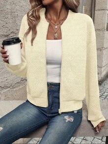 EMERY ROSE Women's Casual Everyday Solid Color Zipper Front Drop Shoulder Jacket - Apricot - View 4