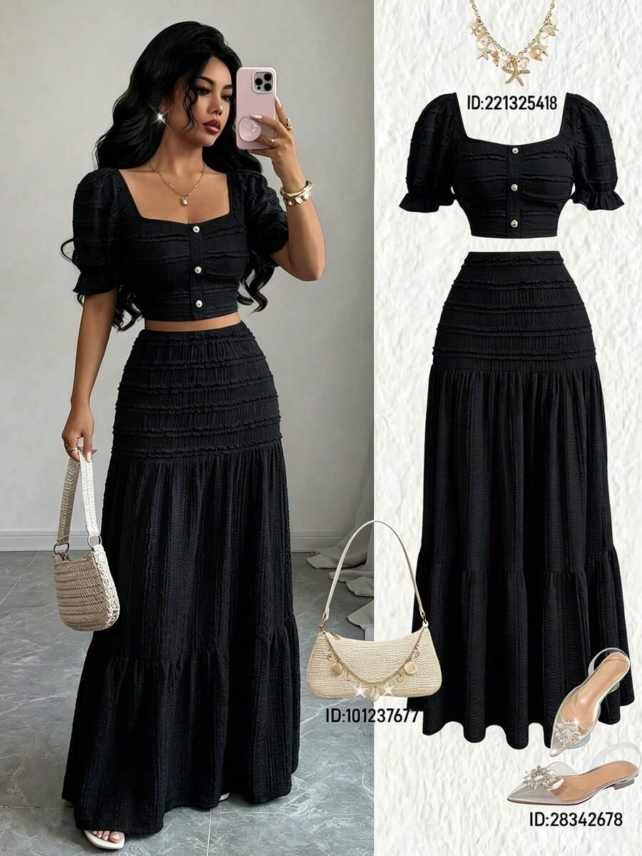 Elenzga Elegant Women's Blue Textured Fabric Vacation Casual Daily Outwear Short Sleeve Square Neck Button Up Top Patchwork Design With Flare Skirt Two Pieces Set Summer Summer Outfits Going Out Top - Black - View 1