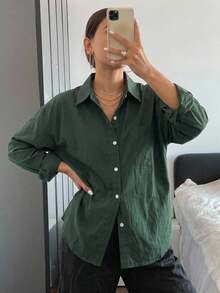 Loose-Fitting Long-Sleeved Shirt With Pockets And Buttons, Women's Multi-Season Casual Blouse For Spring And Autumn, Suitable For Business And Professional Workwear. - Dark Green - View 8