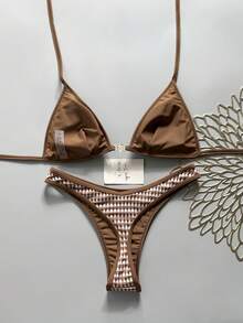 Swim Vcay 春夏純色三角式無鋼圈掛脖露背上衣與泳褲女款性感比基尼泳裝套裝，適合海灘度假 - 棕色 - 查看 2