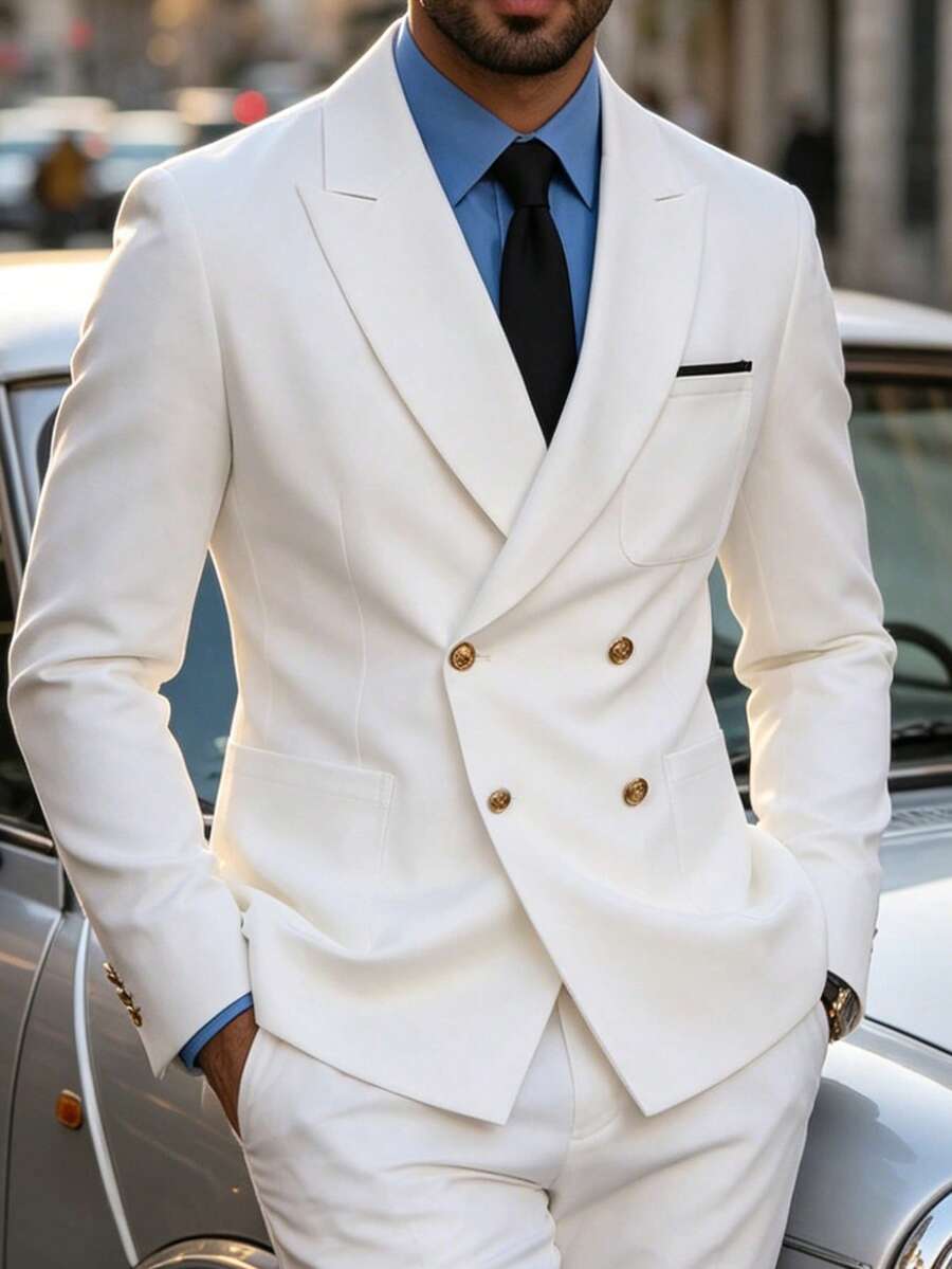 Manfinity Bizformal 男士白色商務西裝外套,金色鈕扣,成熟舒適,春夏款,正式 - 白色 - 查看 1