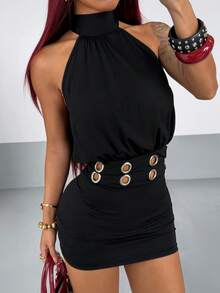 StreetHx American Style Sexy Hot Girl Hollow Metal Ring Waist Decor Halter Neck Fitted Bodycon Mini Dress Club Party Night Out Black Summer Halloween - Black - View 1