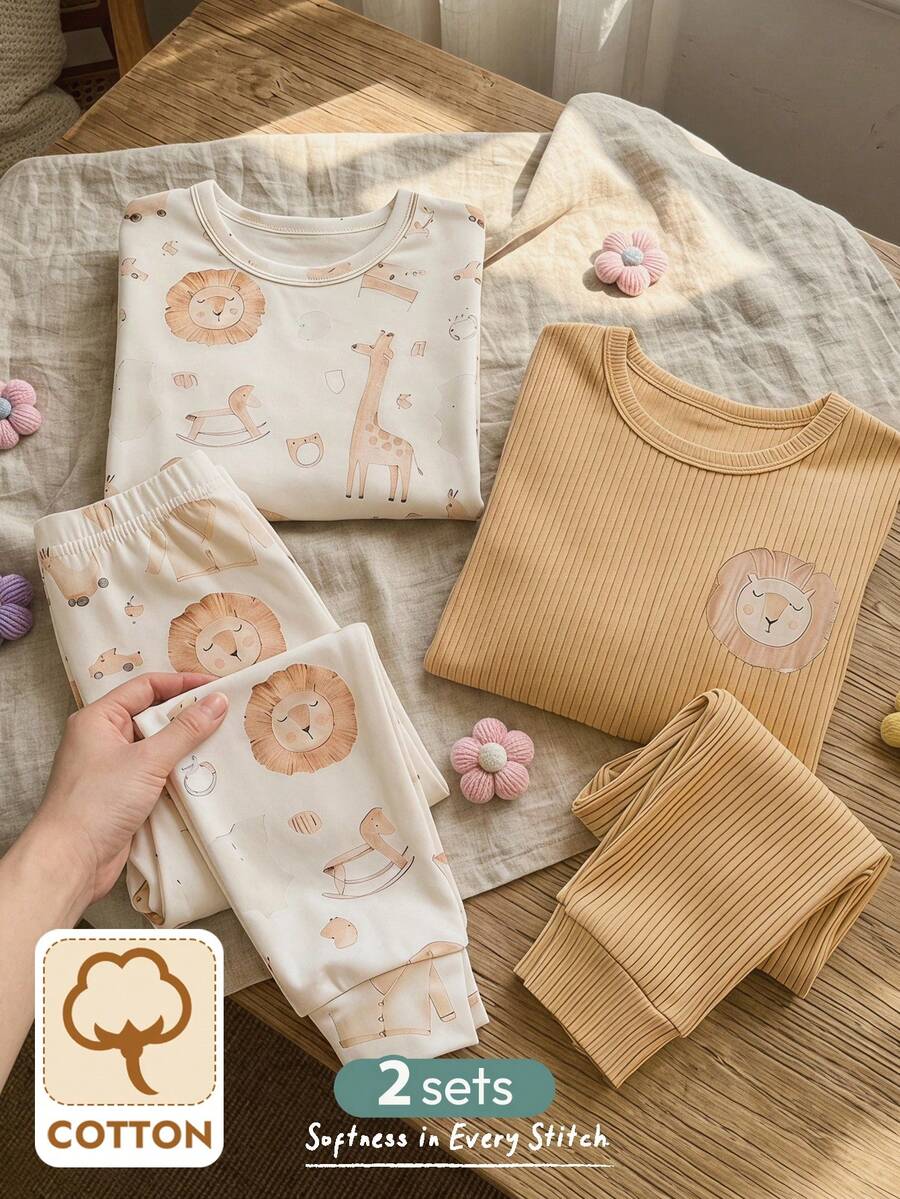 Cozy Pixies Bộ đồ ngủ 4 món bằng vải dệt kim mềm mại, họa tiết động vật hoạt hình dễ thương, gồm áo dài tay cổ tròn và quần legging, phù hợp cho bé trai, bé gái và trẻ nhỏ. Kiểu dáng cơ bản, thoải mái, thường ngày, thích hợp cho mùa xuân, hè, thu và đông. - Nhiều màu - Xem 1
