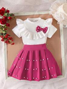 Elladie kids Young Girls Ivory Knit Short Sleeve Ruffle Bow T-Shirt & Pleated Beaded Half Skirt 2-Piece Set,7th Birthday Summer Casual Outfit For Toddler Girls - Hot Pink - View 8