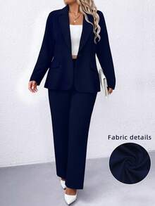 SHEIN EMERY ROSE CURVE Plus Size Women's Navy Blue Solid Notched Collar Long Sleeve Casual Work Blazer Jacket,Autumn Business Office Teacher Outfits For Fall Graduation - Navy Blue - View 1