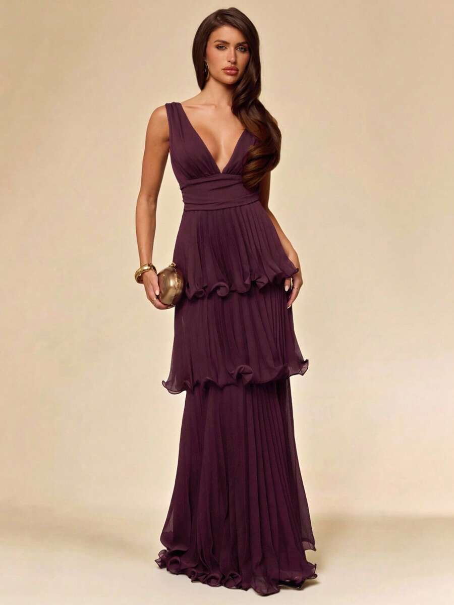 SHEIN BAE Đầm cúp ngực xếp tầng màu tím đậm thanh lịch, thích hợp cho tiệc tùng, hẹn hò lãng mạn, phù dâu, dạ hội, sinh nhật, mặc mùa xuân/hè, dự tiệc cưới. - Màu tím - Xem 1