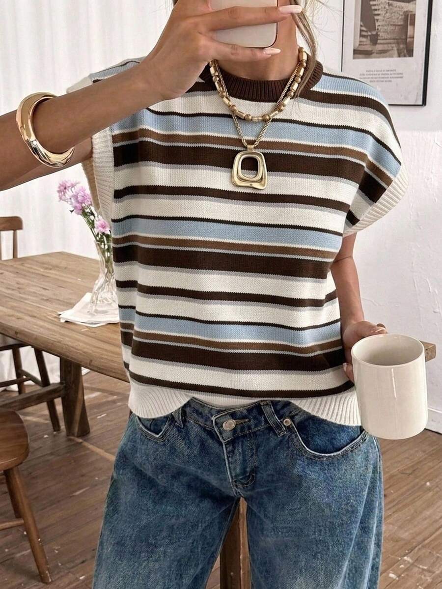SHEIN Frenchy 大码女式条纹拼接休闲百搭日常针织上衣