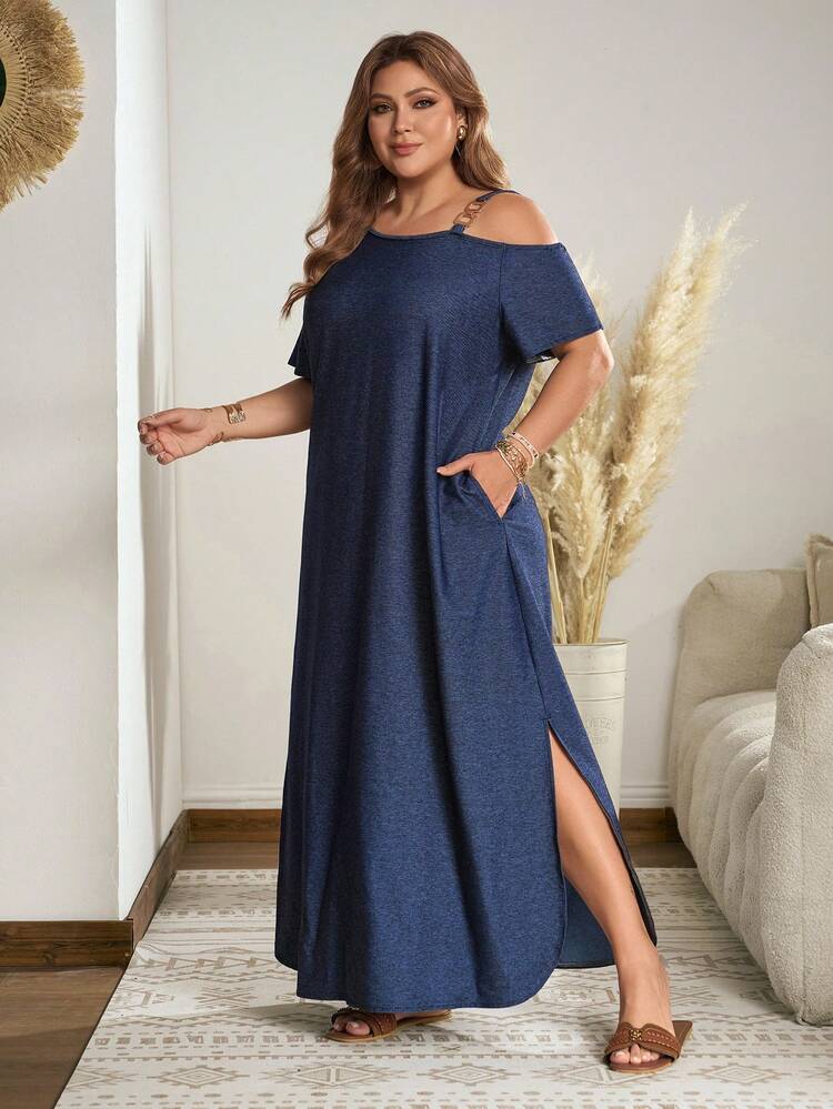 off shoulder plus size denim dress Breezaya Women's Off-Shoulder Split Design Casual Party Vacation Navy Blue Autumn elasticized waistband and back chocolate mini dress Size:9 1/2 Medium Gacha fashion inspiration and Babydoll dress