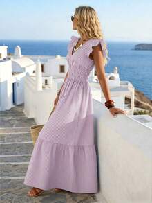 SHEIN PETITE Women's Striped Pattern Waist Pleated Ruffle Long Dress - Purple - View 3