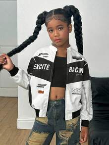 SHEIN Tween Girl Casual Everyday Letter & Graphic Print Loose Fit Zip-Up Jacket Girls Racing Jacket Girls Graphic Jacket Kids Racing Jacket,In Fall/Winter - Black and White - View 1