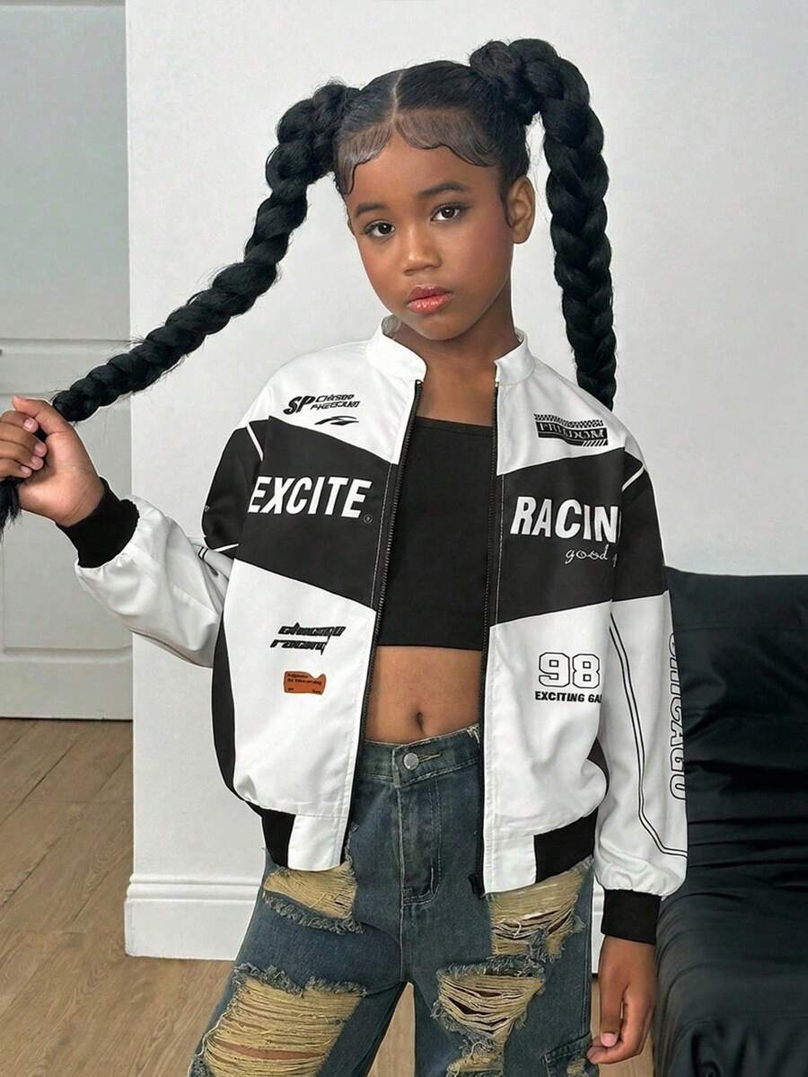 SHEIN Tween Girl Casual Everyday Letter & Graphic Print Loose Fit Zip-Up Jacket Girls Racing Jacket Girls Graphic Jacket Kids Racing Jacket,In Fall/Winter - Black and White - View 1