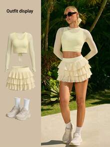 Fluxe Sexy Mesh Hollow Cover-Up For Summer Perfect Airport Outfit Suitable For Tennis Yoga Studio Pilates Daily Wear Cute Summer Outfits Festival Outfits Beach Outfits Sea Going Out Outfits Women's Gym Clothes Gym Female Gym Set Casual Sets Holiday Outfits Vacation Sportswear Workout Sets Yellow Top - Black and White - View 10