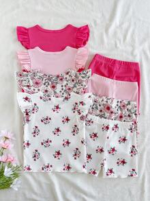 SHEIN Vintaside Kids 8件組/女嬰0-3歲春夏季新品休閒日常外出可愛素色針織不對稱螺紋短袖背心T恤上衣與短褲套裝 - 彩色 - 查看 2