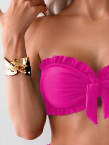 Swim Basics Women's Summer Beach Solid Color Ruffle Trim Bandeau Bikini Set With Front Knot, Two Pieces Swimwear Black Bathing Suits - Hot Pink - View 3