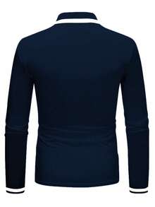 Manfinity Homme Camisa polo de manga larga con media abertura de botones, rayas y contraste de color para hombre, formal - Azul Marino - Ver 2