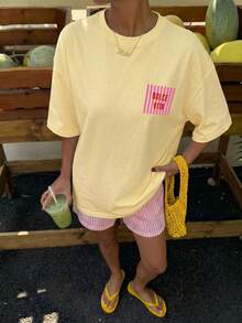 Muchica Áo thun nữ oversize phong cách casual tối giản, màu vàng kem, cổ tròn, tay ngắn, dáng siêu rộng, phù hợp cho mùa xuân và mùa hè - Vàng nhạt - Xem 2