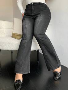 Livesso Petite Jeans de pierna acampanada versátiles y casuales con trabillas para cinturón para mujeres, para mujeres de talla pequeña - Negro - Ver 1