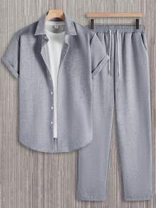 Manfinity Homme Men's Summer Casual Front Button Short Sleeve Shirt And Pants Set - Grey - View 5