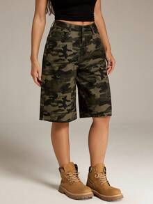 SHEIN Tall Quần short Bermuda nữ họa tiết rằn ri, có túi, dáng rộng, thoải mái, kiểu cargo, quần short rằn ri. - xanh quân đội - Xem 6