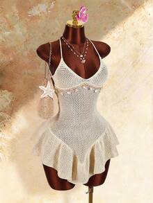 Amplova Vestido largo con escote halter, espalda descubierta, detalles de estrella de mar y concha, volantes en el bajo y abertura en V - Albaricoque - Ver 2