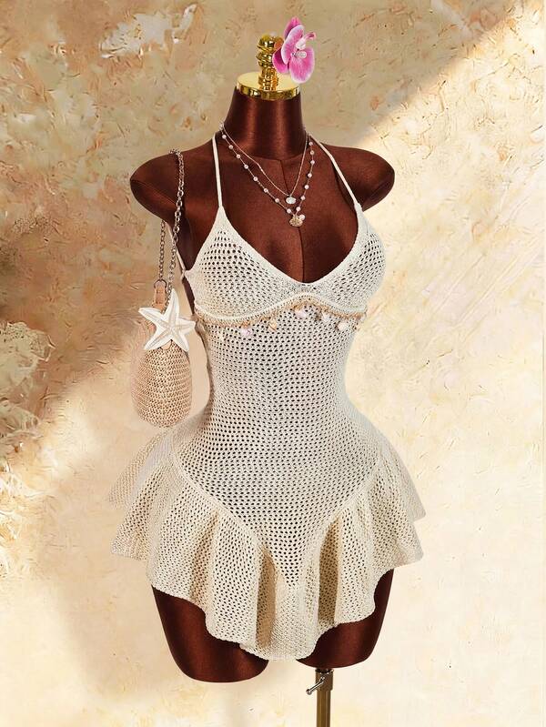 Amplova Vestido largo con escote halter, espalda descubierta, detalles de estrella de mar y concha, volantes en el bajo y abertura en V