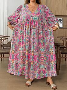 SHEIN CURVE+ Plus Size Paisley Print V-Neck Loose Lantern Sleeve Dress - Multicolor - View 3