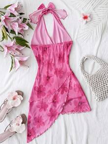 SHEIN Tween Girls Dresses Summer Casual Vacation Floral Print Mesh Halter Neck Dress - Hot Pink - View 2
