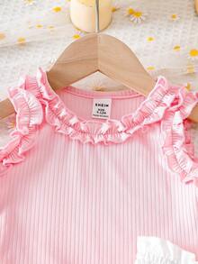 SHEIN Playful Pals 嬰幼女童可愛輕便度假套裝，荷葉邊背心搭配燈籠袖拼接蛋糕裙，飾有手工編織3D花朵 - 粉色 - 查看 8