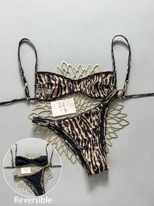 Swim Vcay 女款夏季海灘極簡優雅浪漫休閒度假性感時尚外穿泳衣套裝，百搭豹紋與斑馬紋印花，雙面印花可翻面，多種造型選擇，抹胸微比基尼，適合海灘、度假村、水療、音樂節、蜜月及休閒度假場合 - 彩色 - 查看 4