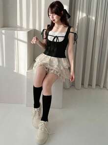 FRIFUL 2 In 1 Color Block Ruched Tie-Up Slimming Casual Versatile T-Shirt Summer Cute Top - Black - View 4