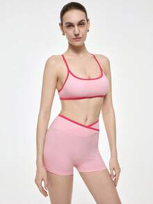Bralution 2pcs Pink Contrast Color Cross Back Sports Bra Set, Suitable For Gym, Daily Casual Wear - Pink - View 5
