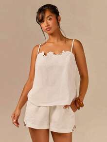 Athîral Women's Casual White Floral Embroidered Camisole & Shorts Set - White - View 6