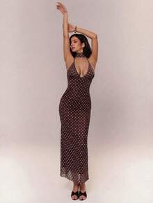 Aloruh Romantic Date Night Brown Polka Dot Mesh Halter Tie Strap Maxi Bodycon Dress For Women - Brown - View 6
