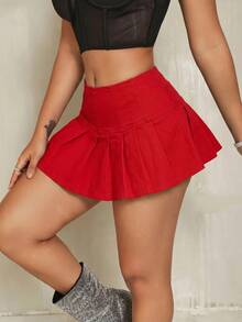 SHEIN SXY 女款素色優雅百褶牛仔迷你裙 性感街頭風 - 紅色 - 查看 2
