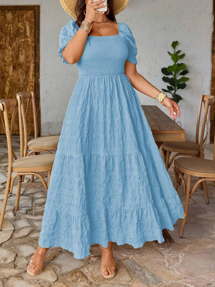 EMERY ROSE Vestido de mujer talla grande de tejido regular para primavera/verano, manga corta, cuello cuadrado, amarillo, con cintura definida - Azul cielo - Ver 1