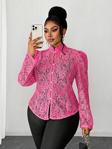 Maweii Plus Size Women's Fashion Lace Button Front Long Sleeve Shirt - Hot Pink - View 1