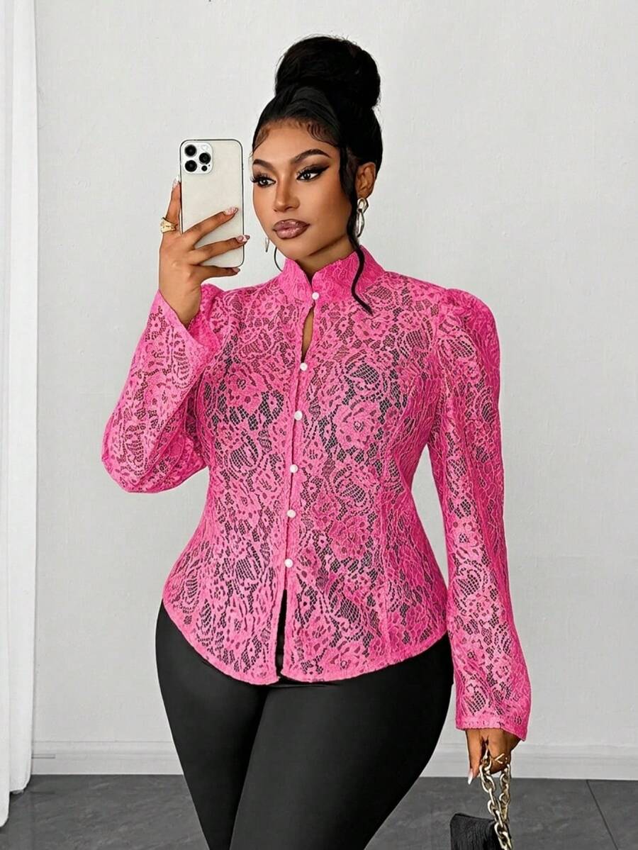 Maweii Plus Size Women's Fashion Lace Button Front Long Sleeve Shirt - Hot Pink - View 1
