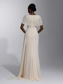 Elitara Elegant Formal Sexy Fashionable Beige Elastic Slim Fit Slit Long Dress With Draped Neckline Party Dinner Evening Gala Dinner Prom Rehearsal Wedding - Apricot - View 3