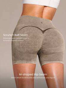 GLOWMODE 4.3" Ultrafine Soft Seamless Momentum Boost High-Rise Washed Finish Scrunch Bum Curved Seam Shorts Training Running Workout Gym Fitness - Khaki - View 3