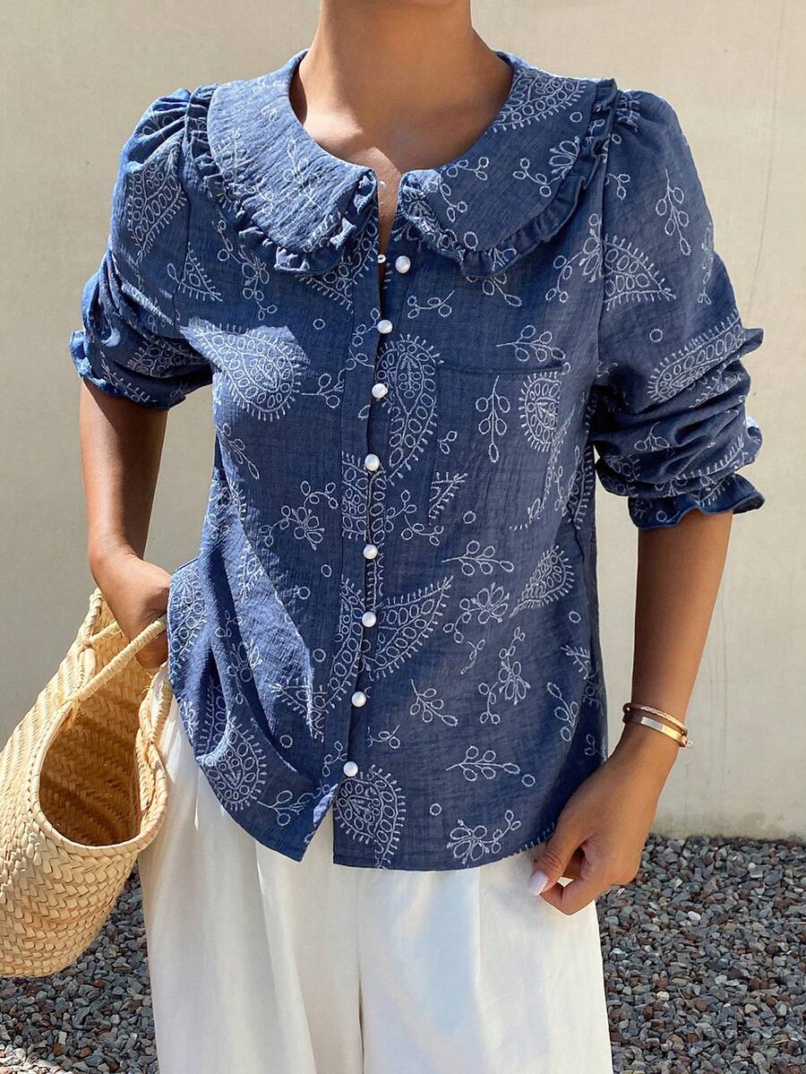 DAZY Summer Autumn Peter Pan Collar Petal Sleeve Button Embroidered Fabric Loose Blue Women's Blouse - Blue - View 1