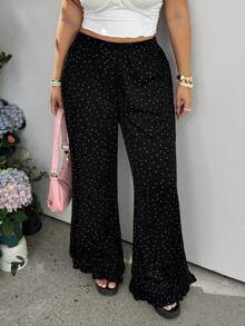 GalTyme Plus Size Polka Dot Print Ruffle Hem Pants Formal Vacation Black And White Autumn Casual - Black and White - View 4