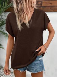 SHEIN Frenchy Áo thun tối màu phong cách tối giản thường ngày, 95% phù hợp cho mùa hè - màu nâu - Xem 3