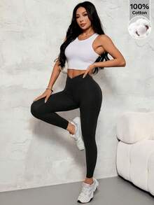 SHEIN PETITE Women's Solid Color V-Waist Elastic Skinny Pants - Black - View 6