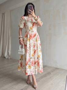 Modelyn Cream Floral Print Puff Sleeve Midi Dress Round Neck With Button Placket Romantic Cottagecore Chic Summer Garden Parties & Picnic Dates Floral Dress - Multicolor - View 9