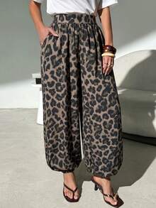 Lavishia Women's Spring/Summer Fashion Casual Balloon Pants Comfortable Versatile Coffee Color Long Pants,Leopard Print, Independence Day,Music Festival - Coffee Brown - View 4