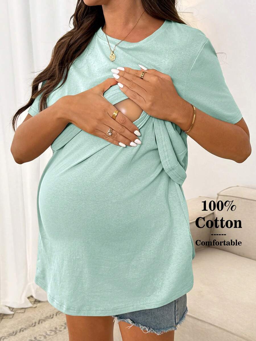 SHEIN Maternity Summer Casual Solid Color Short Sleeve Nursing Top - Green - View 1