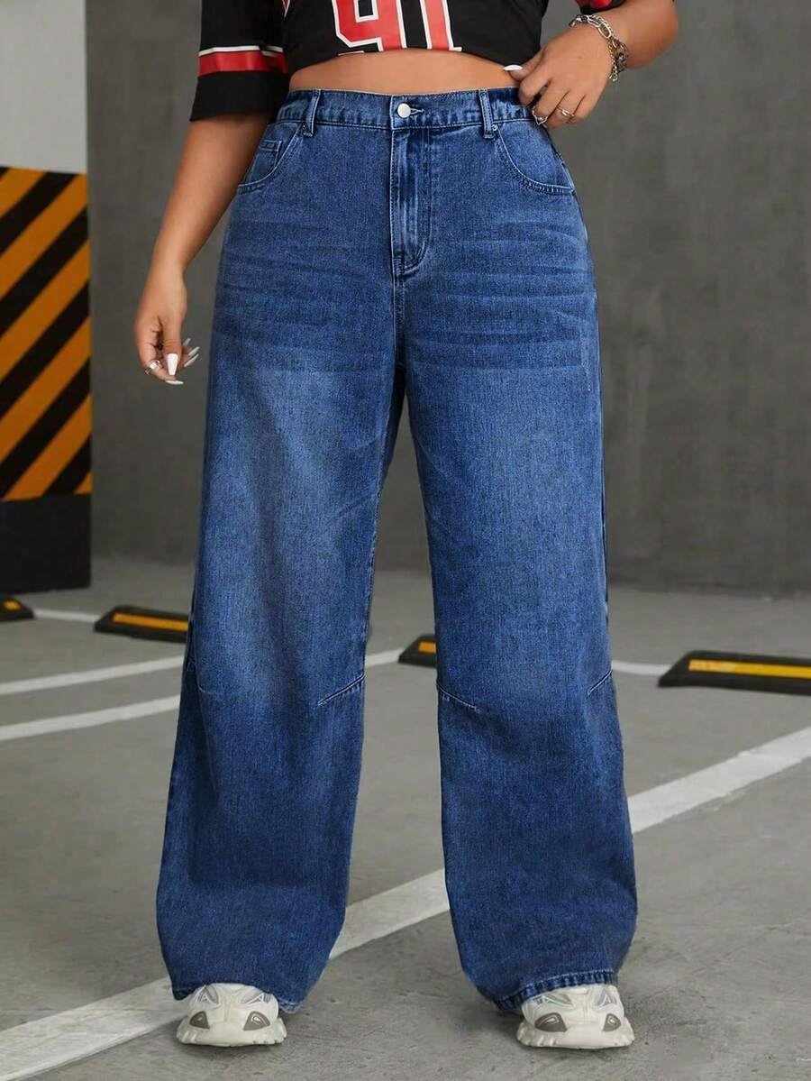 SHEIN ICON 大尺碼女款休閒時尚街頭風日常通勤水洗寬鬆寬腿牛仔褲 - 深色水洗藍 - 查看 1
