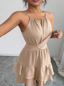 Vestido elegante con escote halter, hombros con lazada y volantes en el bajo para tallas grandes - Albaricoque - Ver 4