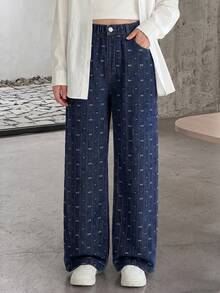 SHEIN Jeans de mezclilla casuales de moda dulce para niñas con moño, corazón y rayas de jacquard, cómodos de pierna ancha, cintura elástica plana, diseño de bolsillos, adecuados para el uso diario de niñas - Azul lavado oscuro - Ver 7