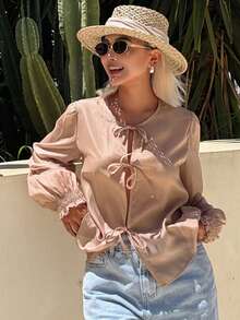 DAZY Solid Color Loose Long Sleeve Tie Bow Casual Elegant Vacation Women's Shirt Dusty Rose School - Pink - View 4